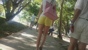 Milf in yellow shorts with vpl and a wedgie