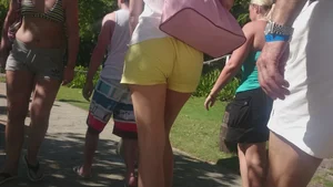 Milf in yellow shorts with vpl and a wedgie