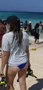 Skinny Girl With Wet Hair in a T-Shirt and a Swimsuit Beach Creepshot
