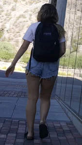 Blonde in cheeky jean short shorts! OC!