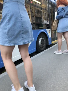 Girl in a Denim Dress and Sneakers with Nice Legs on the Bus Stop Candid Photo Gallery