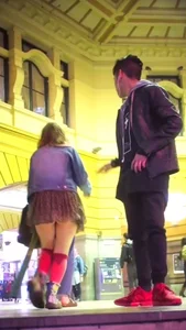 Girl in Red Knee Socks and Short Skirt Flashing Ass at the Railway Station Candid