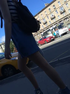 Girl in a Skirt With Sexy Skinny Legs Walking Down a Street Creepshots Collection