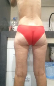 Topless wife in red panties home creepshot at the kitchen