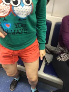 Teen in Orange Shorts Subway Train Closeup Candid