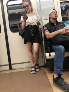 Cute Candid Girl Wearing Glasses Subway Train Creepshots - Skirt and Sandals