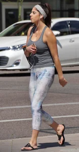 Flat ass brunette walking in leggings with big boobs