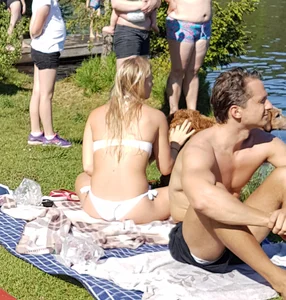 White semi-thong bikini blonde with a nice ass and tits at the lake