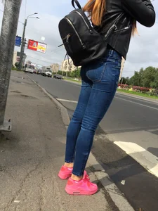 Hot Girl in Tight Blue Jeans And Bright Pink Sneakers on a Crosswalk Street Booty Creepshots Collection