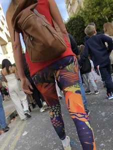 Long skinny legs in colorful tights street creepshot