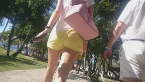 Milf in yellow shorts with vpl and a wedgie
