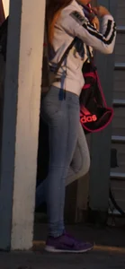 Girl next door teen walking to car in various tight jeans