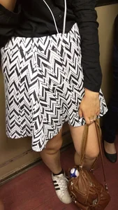 Candid Skinny Legs in the Subway - Teen JB in a Skirt with Geometric Pattern