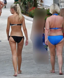 Sexy blonde bikini girl walking with mom