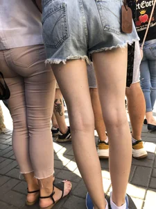 Skinny Legs in Denim Shorts City Street Candid Pics