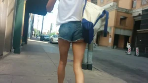Cute Street Candid Girl in Denim Shorts, With Slim Sexy Legs Creepshot