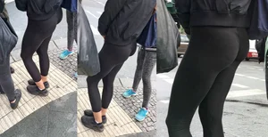 Girl With Fit Ass in Black Tights Bending Over to Tie Her Shoelace Street VPL Creepshot