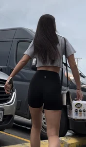 Fit brunette spinner in crop top and spandex shorts VTL