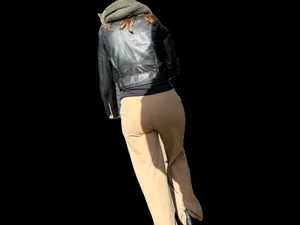 Candid girl in a leather jacket and pants with VPL street creepshots