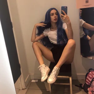 Skinny Girl with Blue Hair Sitting on a Chair with Spread Legs Hot Mirror Selfie