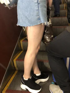 Girl in a Blue Denim Skirt Walking Up the Stairs So Her Panties Flashing - Subway Upskirt Creepshot