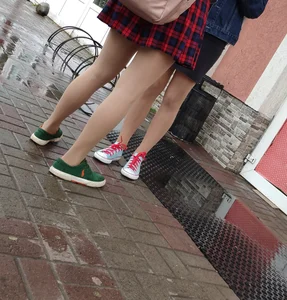 Cute Teens in Skirts and Pantyhose Street Candid