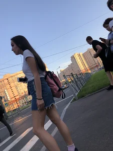 Girl in Denim Skirt with Hot Skinny Legs Street Candid