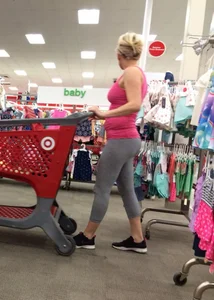 Blonde milf at Target in grey striped leggings with a nice ass