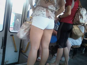 Stocky Girl in White Mini-Shorts Bus Creepshot