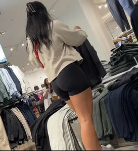 Sexy LuLu Lemon employee in tight black biker shorts