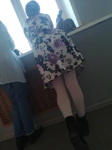 Girl in a Dress and White Pantyhose Bending Over the Windowsill Classroom Candid Photos