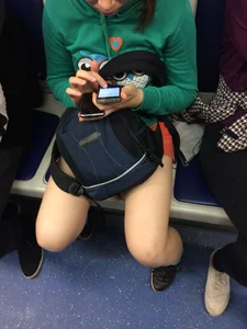 Teen in Orange Shorts Subway Train Closeup Candid
