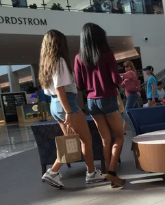 Sexy Girls in Denim Shorts at the Mall Candid Photo