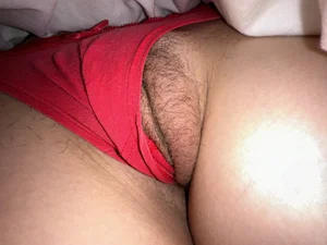 Under blanket closeups of a sleeping candid GF's hairy pussy in red panties
