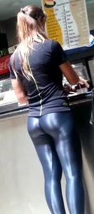 Sexy Legs and Ass in Leather Leggings - Girl in Cafeteria Candid Photo