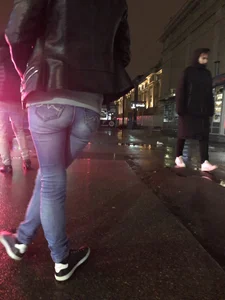 Cute Girl in Leather Jacket and Tight Jeans - Late Evening City Creepshot
