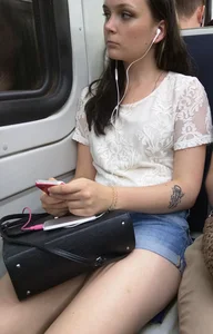 Hot Girl in Denim Mini Shorts and Lacey Blouse Subway Train Candid Photo