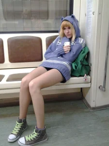 Cute Blonde Teen in Subway Train, Hot Skinny Legs