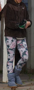 Skinny teen neighbor raking leaves in tight floral patterned leggings