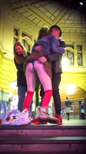 Girl in Red Knee Socks and Short Skirt Flashing Ass at the Railway Station Candid