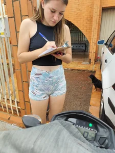 Skinny blonde receiving her order with her cameltoe swallowing her volleyball shorts
