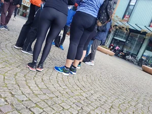 Couple of girls standing around in leggings with vpl and semi see through vtl