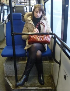 Sexy girls in skirts, stockings and upskirts on the train
