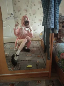 Very Skinny Girl with Pink Hair Home Mirror Selfie