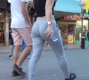 Argentinian teen and her beautiful ASS in grey leggings with cuck boyfriend aside