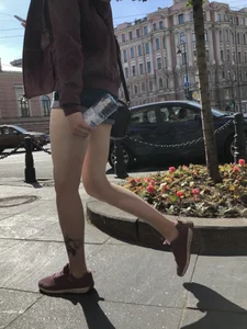 Amazing Thin Tattooed Legs in Denim Mini-Shorts Street Candid Photos Gallery