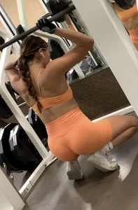 Innocent teen in see through orange spandex shorts, thick brunette in soft gray spandex shorts