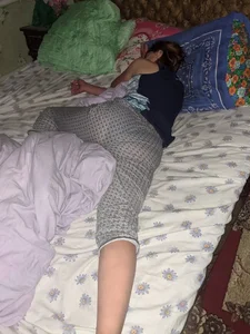 Hot girl wearing semi-transparent VPL pants asleep in bed