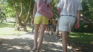 Milf in yellow shorts with vpl and a wedgie