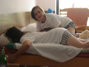 Busted photo of girls fooling around in the dorm room
